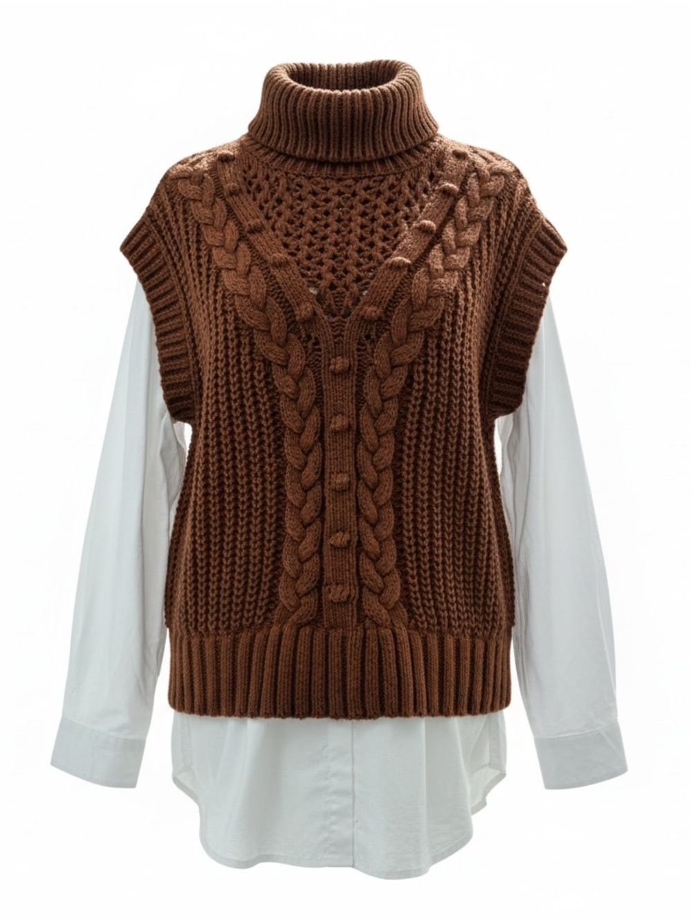 Lush Brown Cable Knit Turtleneck Sweater Vest with attached Shirt